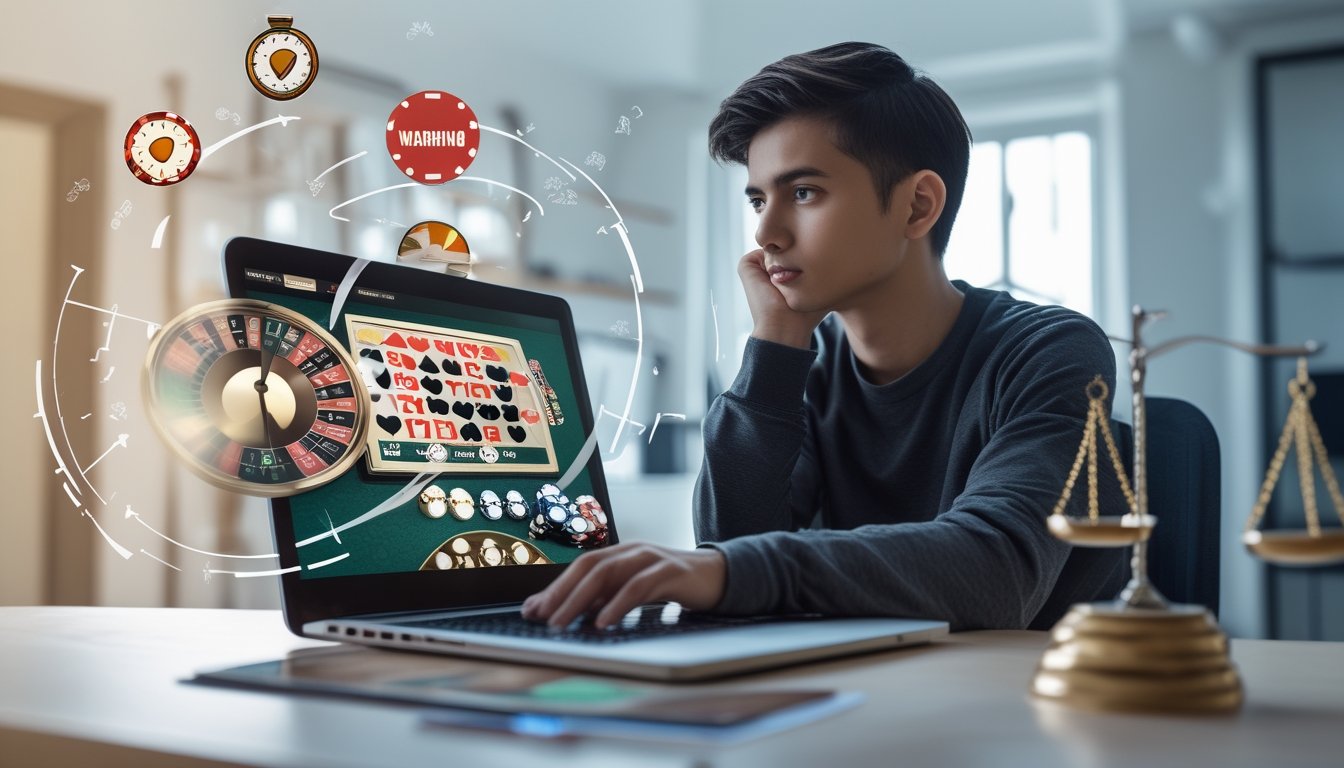 Seorang dewasa muda duduk di meja dengan laptop yang menampilkan permainan judi online dan simbol peringatan risiko di sekitarnya.