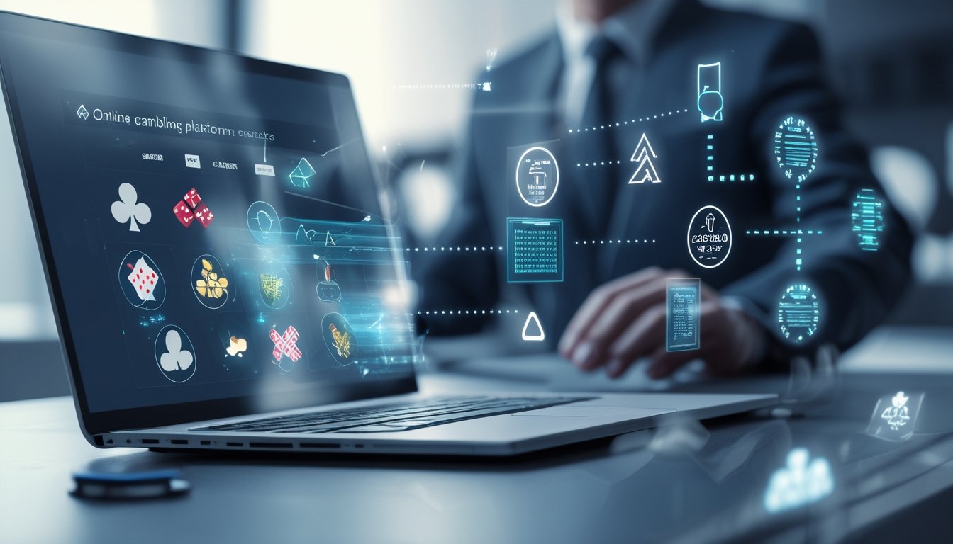 Seorang pengguna sedang melihat situs judi online di laptop dengan simbol kartu dan dadu di layar serta elemen holografik yang menunjukkan keamanan dan risiko.