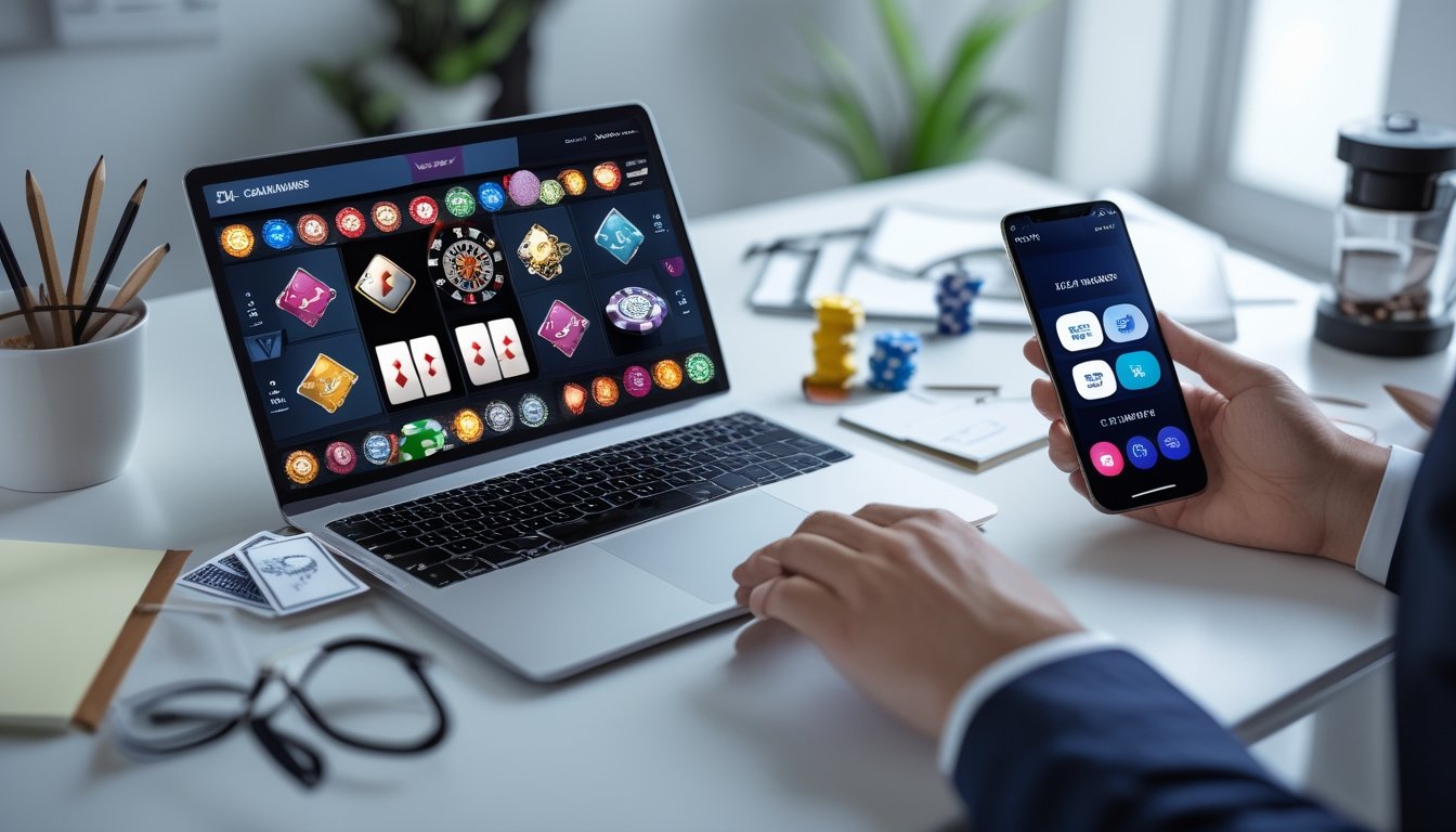 Meja kerja dengan laptop yang menampilkan permainan judi online dan ponsel yang menunjukkan aplikasi pembayaran digital, dengan suasana kantor yang rapi dan terang.
