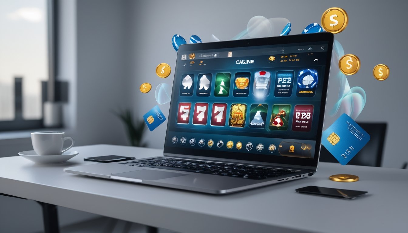 Seorang pengguna sedang mengakses permainan judi online di laptop dengan berbagai ikon permainan dan simbol pembayaran di sekitarnya.