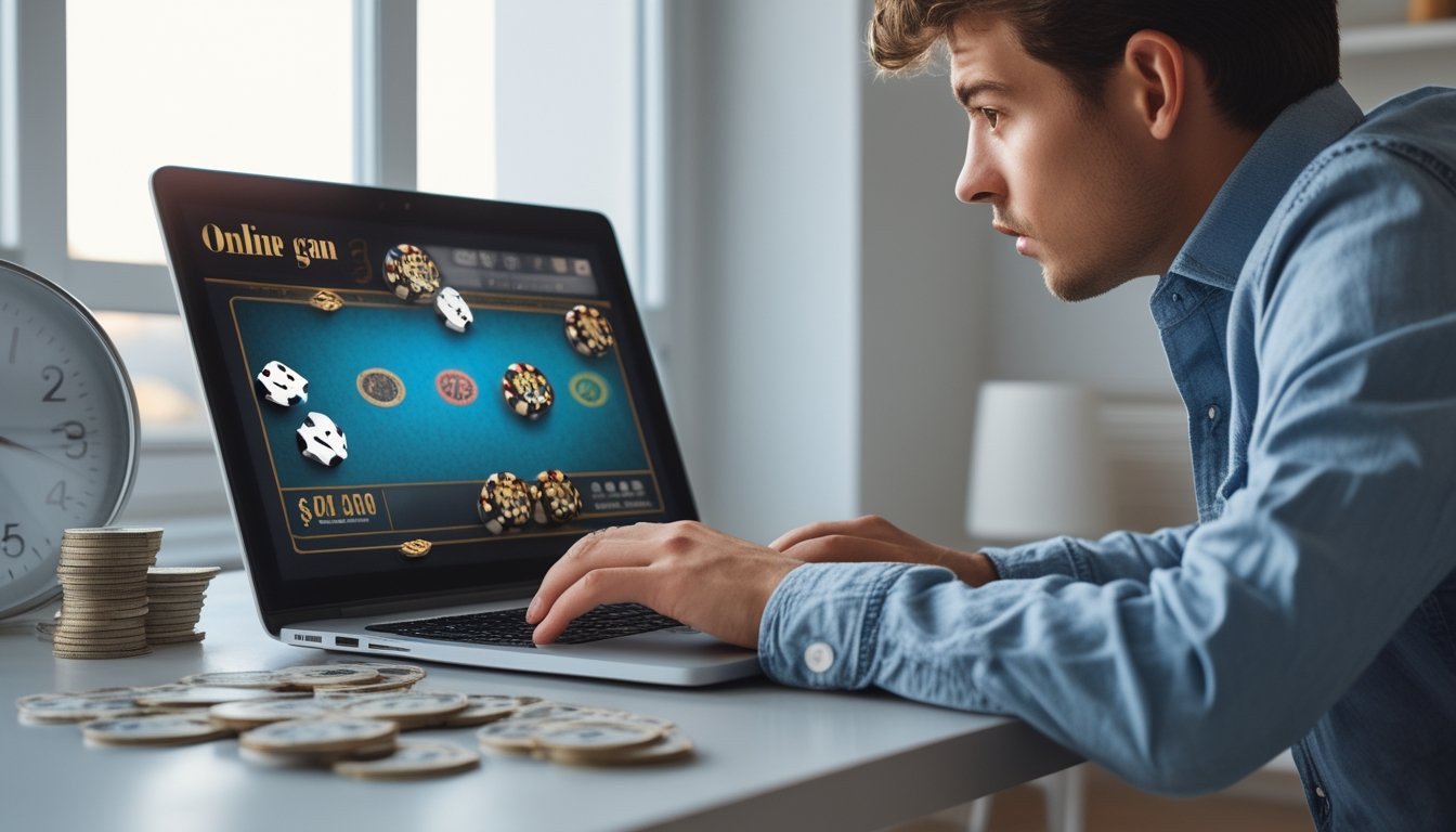Seseorang duduk di depan laptop dengan layar yang menampilkan simbol judi online, terlihat fokus dan sedikit khawatir, di sebuah ruangan dengan cahaya alami.