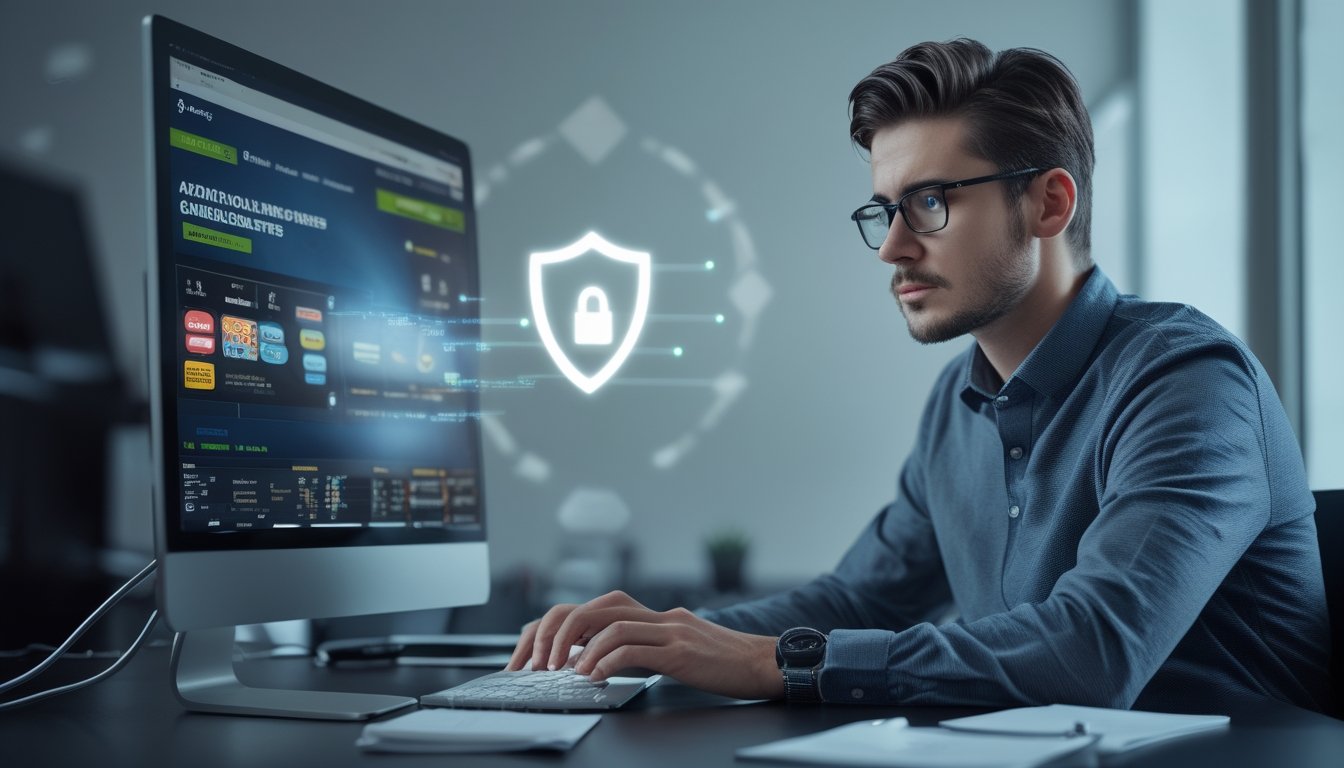 Seorang pria muda serius duduk di meja dengan laptop, memeriksa situs judi online dan menunjukkan sikap waspada.
