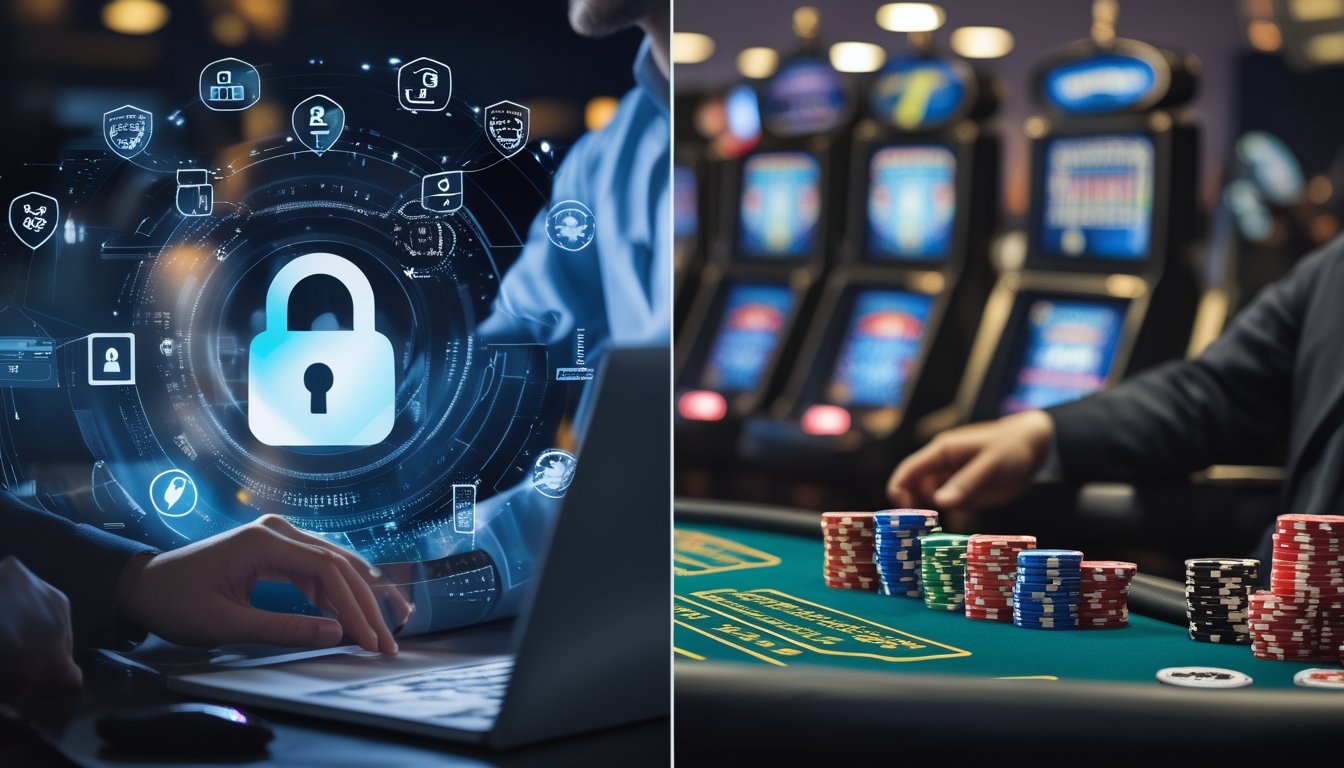 Gambaran perbedaan keamanan antara judi online dengan judi konvensional, menampilkan seseorang menggunakan perangkat digital dengan simbol keamanan di satu sisi, dan suasana kasino tradisional dengan elemen keamanan fisik di sisi lain.