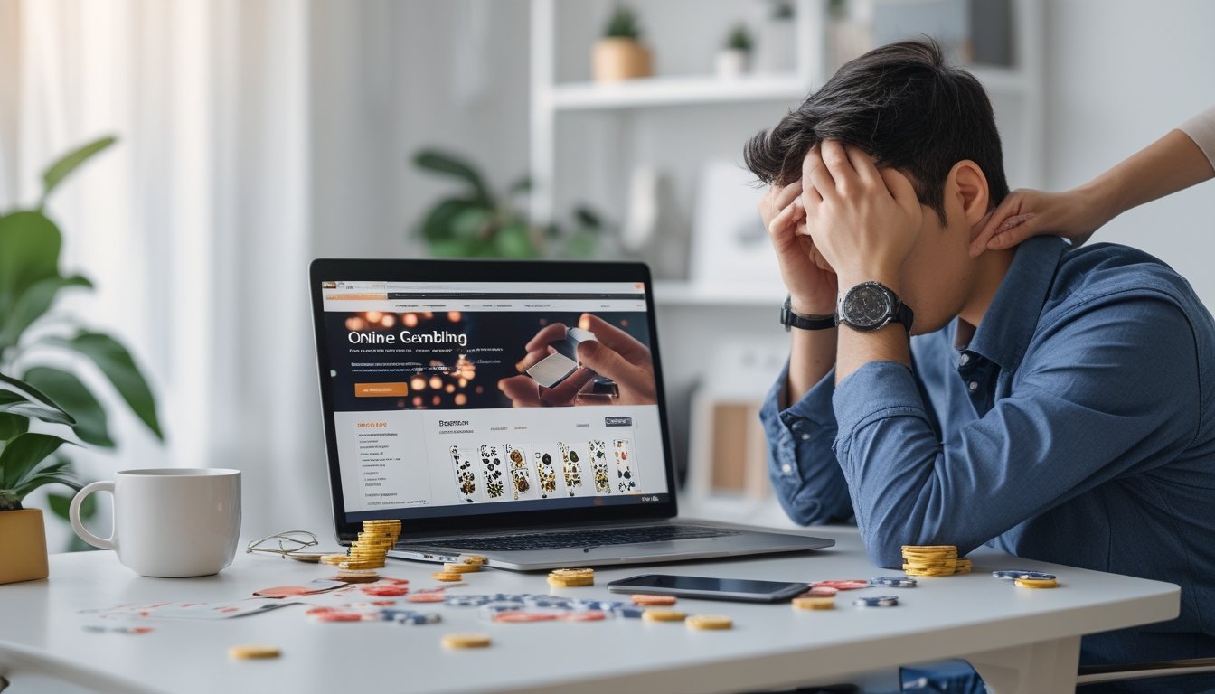 Seorang dewasa muda duduk di depan laptop dengan ekspresi cemas, dikelilingi chip poker dan kartu remi, sementara seseorang di belakangnya memberikan dukungan dengan tangan di bahunya.
