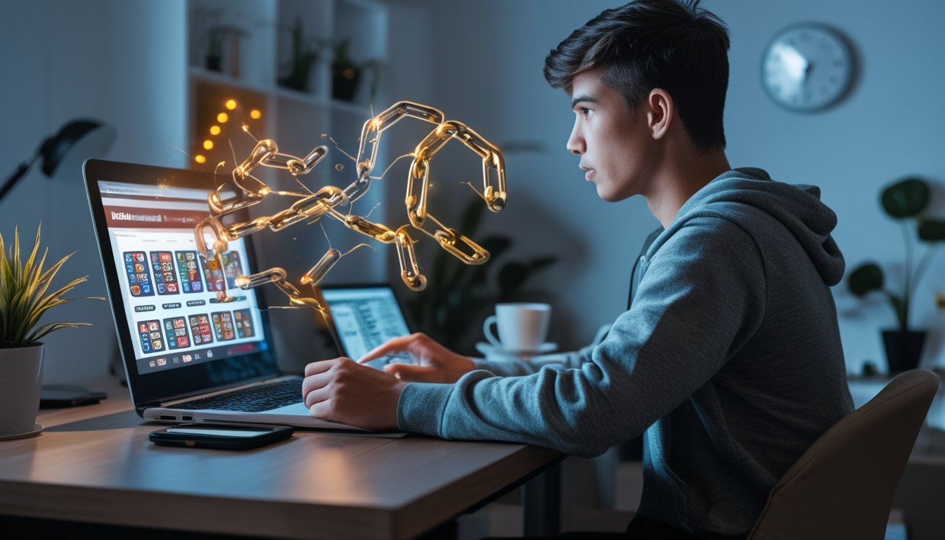 Seorang dewasa muda duduk di meja dengan laptop, tampak cemas melihat layar yang menampilkan situs judi online, dengan simbol rantai yang terputus dan tangan pendukung di dekatnya.