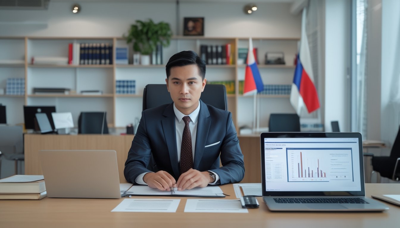 Seorang pengacara Indonesia sedang berdiskusi dengan klien di kantor hukum yang rapi dan terang.