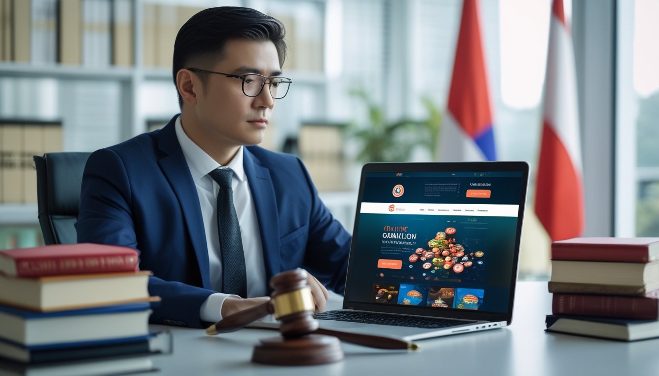 Seorang ahli hukum Indonesia duduk di meja kerja dengan laptop, buku hukum, dan palu pengadilan di latar belakang bendera Indonesia.