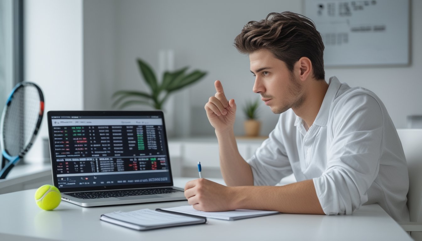 Seorang dewasa muda duduk di meja dengan laptop, menganalisis strategi taruhan tenis online menggunakan catatan dan layar digital yang menampilkan statistik pertandingan tenis.