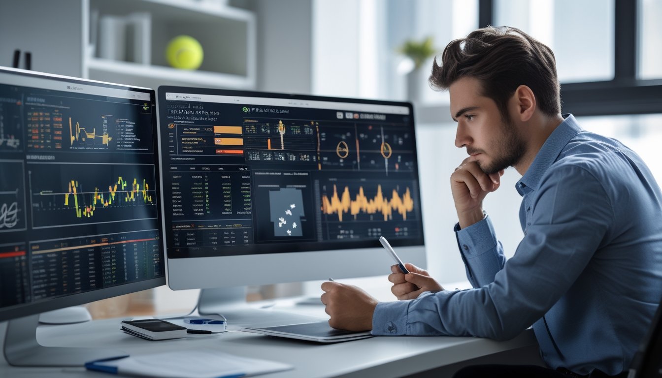 Seorang analis olahraga sedang memeriksa statistik pemain tenis di layar komputer dalam ruang kerja modern.