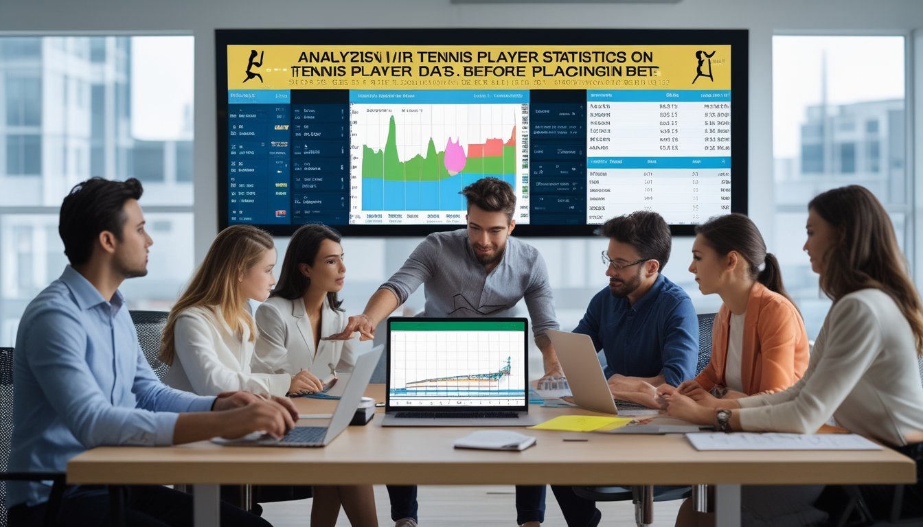 Sekelompok orang sedang menganalisis data statistik pemain tenis di ruang kantor dengan laptop dan grafik di layar.