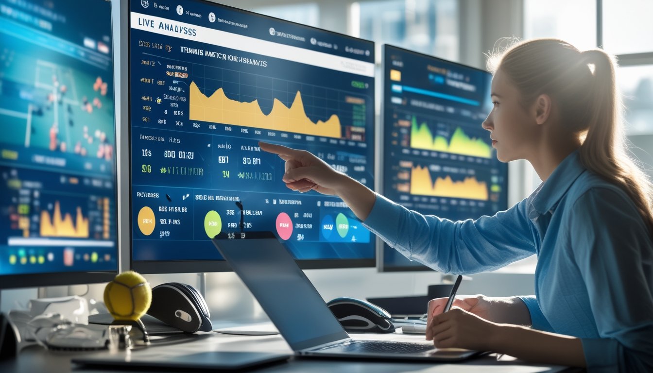 Dua analis olahraga serius sedang melihat data pertandingan tenis langsung di layar komputer di sebuah kantor modern.