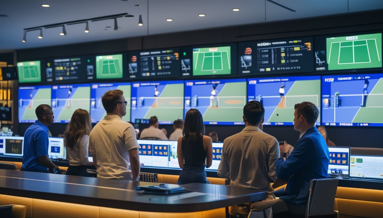 Beberapa orang menonton pertandingan tenis secara langsung di layar besar sambil menggunakan perangkat digital untuk memasang taruhan.
