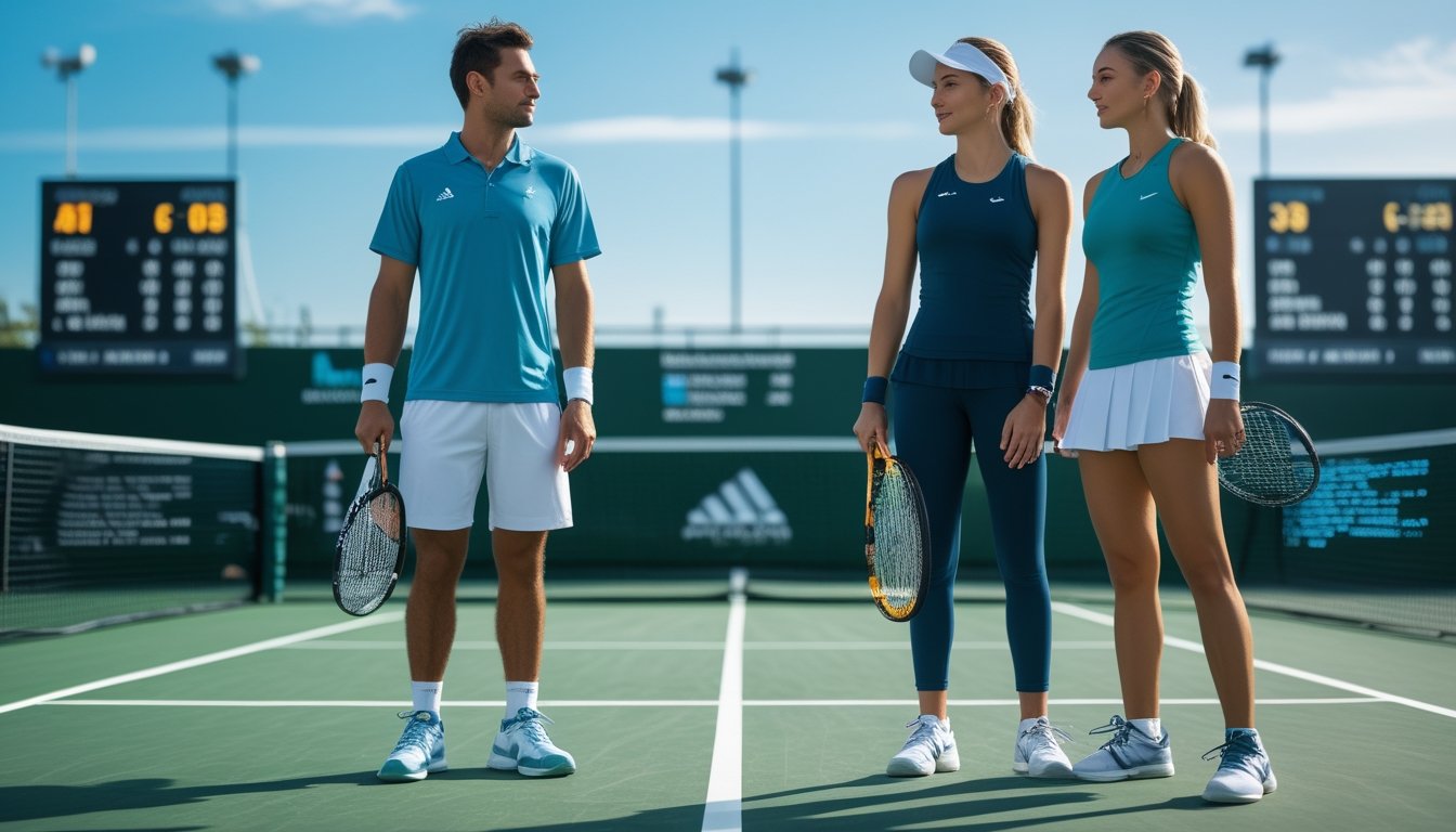 Dua pemain tenis pria dan wanita berdiri di lapangan tenis, masing-masing memegang raket, dengan latar belakang langit biru dan papan skor digital.