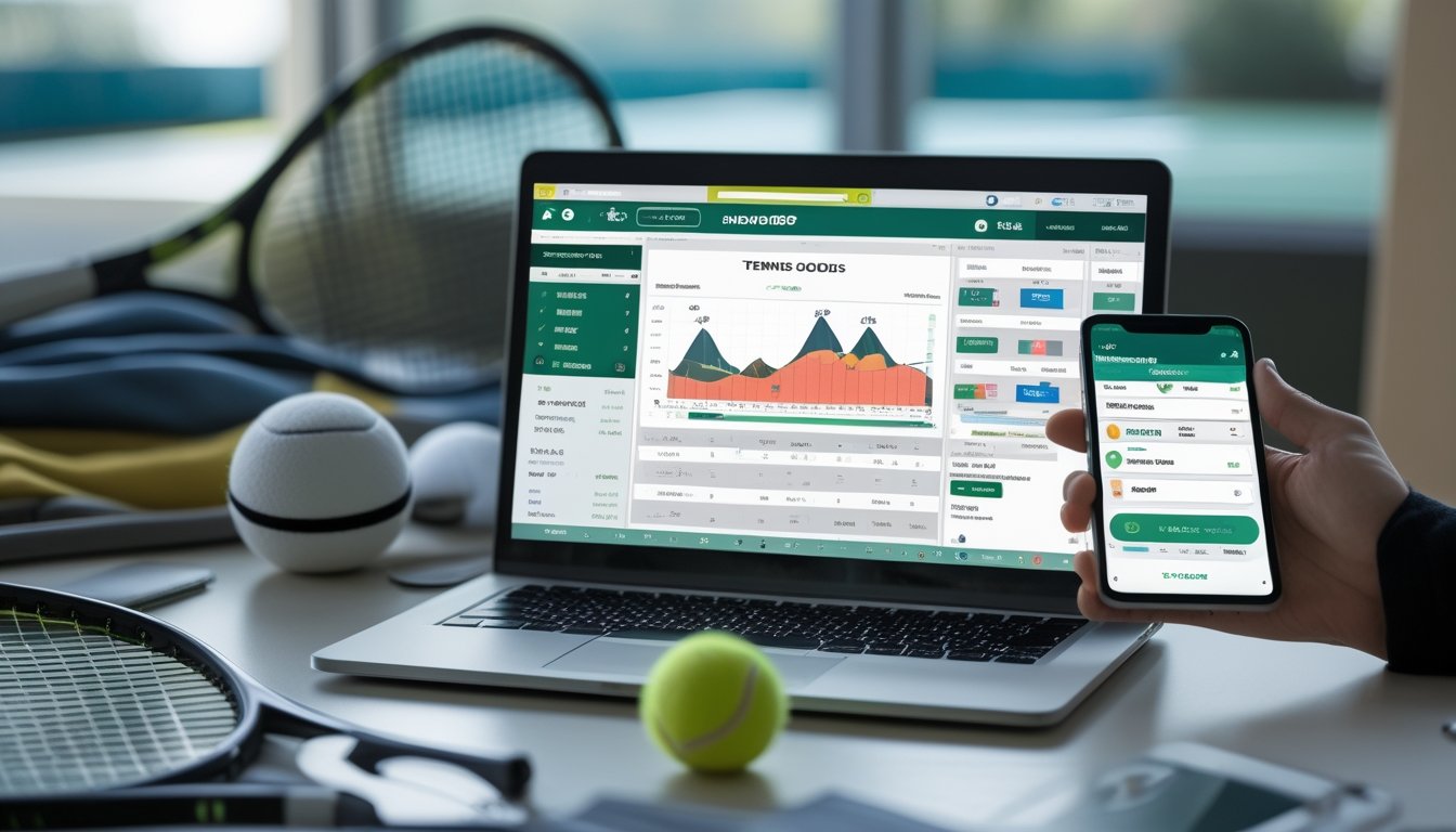 Seorang individu menggunakan laptop dan ponsel untuk melihat peluang taruhan tenis dengan latar belakang bola tenis dan raket.
