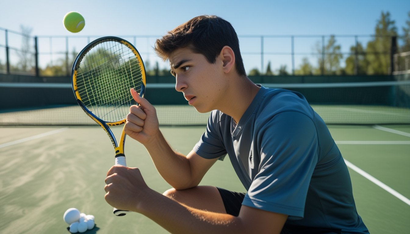 Seorang pemain tenis muda sedang berdiri di lapangan tenis luar ruangan dengan ekspresi kecewa setelah melakukan pukulan yang gagal.