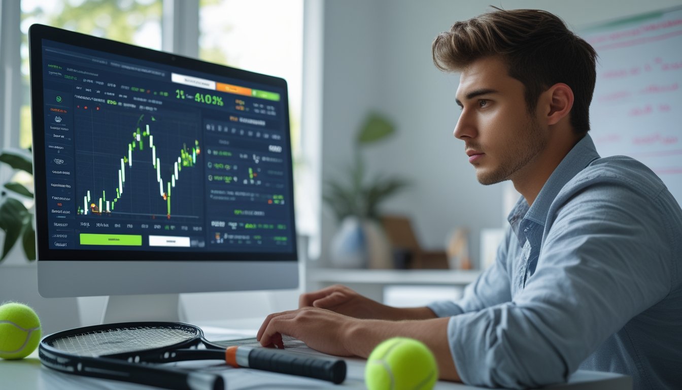 Seorang pria muda sedang duduk di meja dengan laptop dan alat tenis, menganalisis data taruhan tenis di ruangan kantor yang terang.