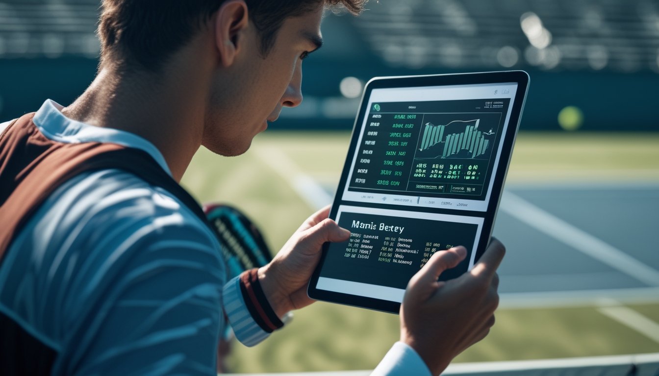 Seorang pemain tenis sedang memeriksa statistik pertandingan di tablet di samping lapangan tenis.