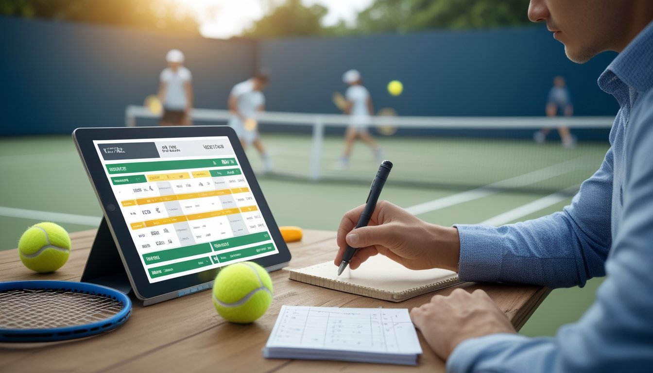 Seseorang sedang menganalisis data taruhan tenis dengan tablet digital di meja dekat lapangan tenis yang sedang digunakan.
