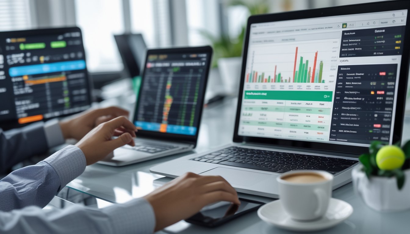 Seorang analis olahraga sedang mempelajari data dan statistik pemain tenis profesional di depan beberapa layar digital di sebuah kantor modern.