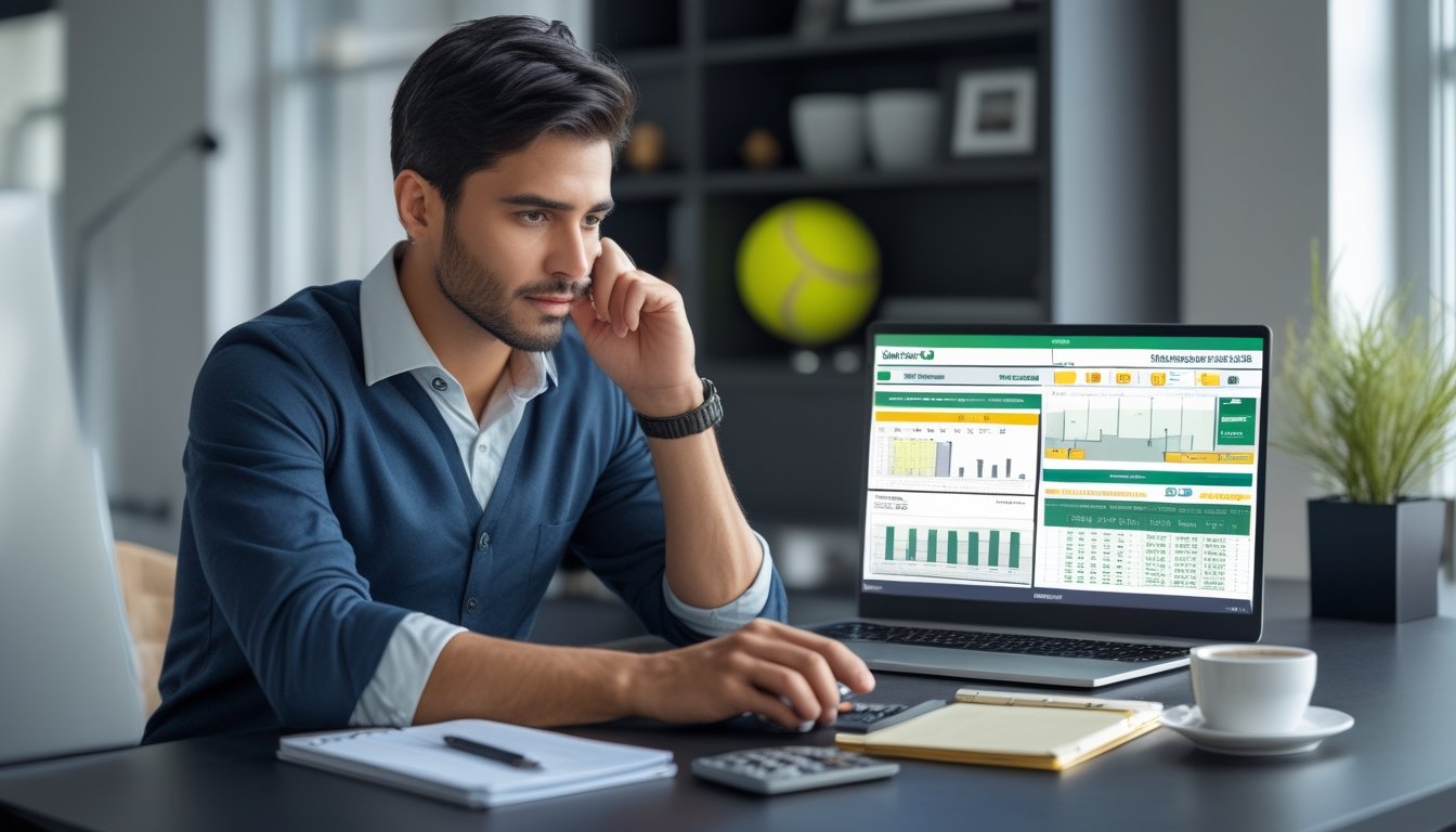 Seorang pria duduk di meja dengan laptop, menganalisis strategi taruhan tenis dengan alat tulis dan peralatan kantor di sekitarnya.
