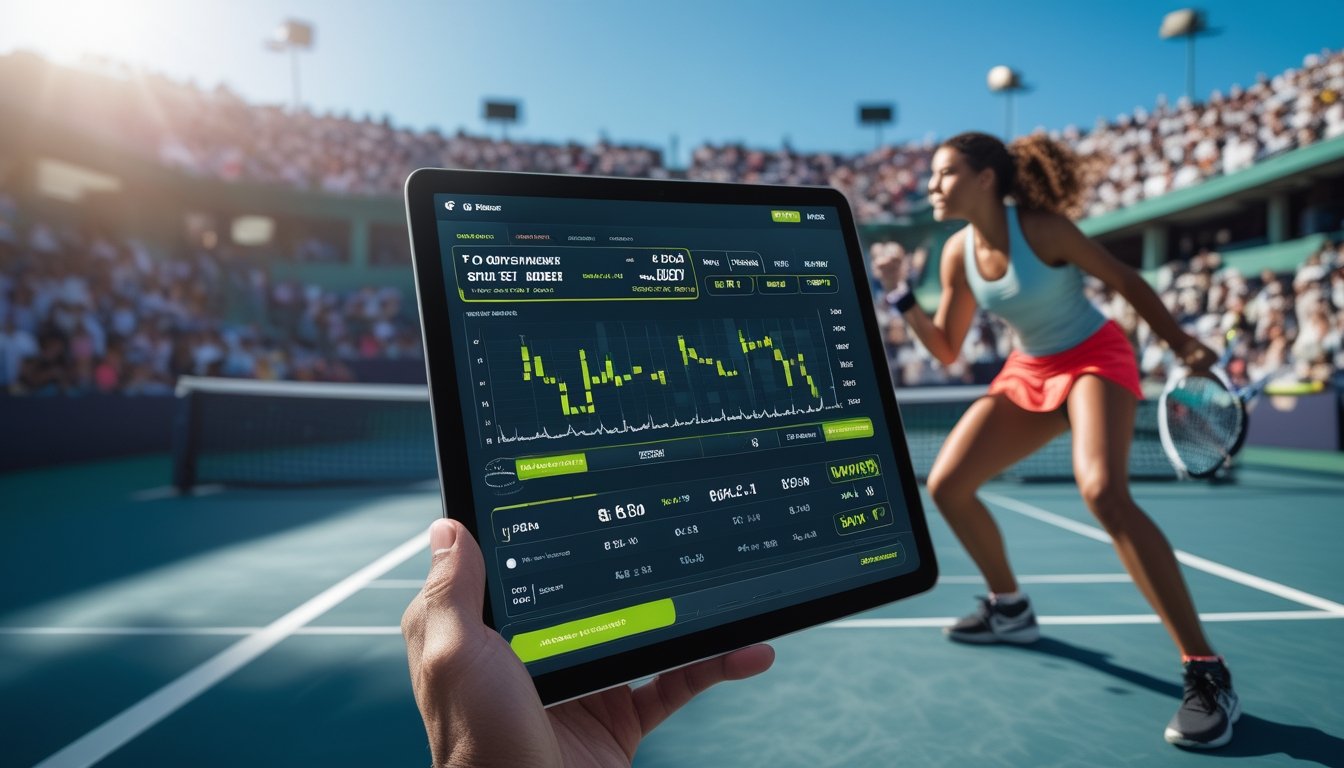Dua pemain tenis sedang bertanding di lapangan dengan penonton di latar belakang, di depan terlihat perangkat digital yang menampilkan aplikasi taruhan.