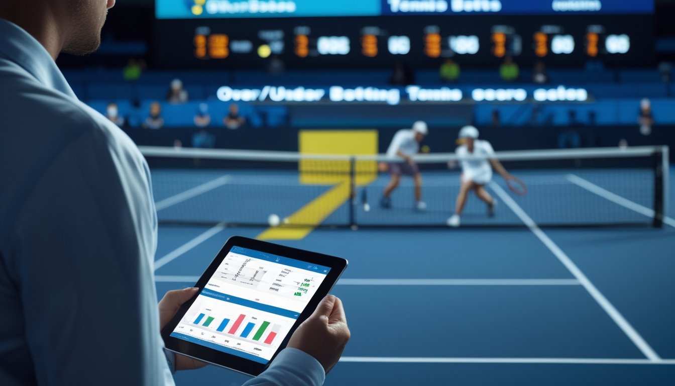 Seorang pria memegang tablet dengan data taruhan di depan lapangan tenis saat pertandingan sedang berlangsung.