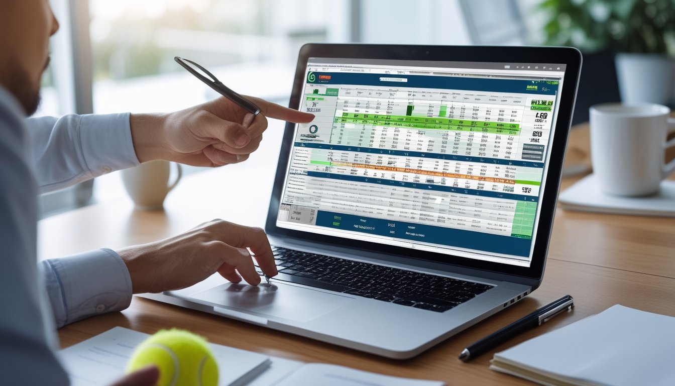 Meja kerja dengan laptop yang menampilkan statistik tenis, raket tenis, bola tenis, dan tangan seseorang yang sedang menganalisis data.