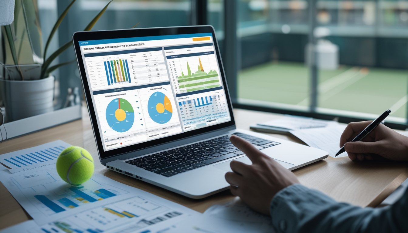 Meja kerja dengan laptop yang menampilkan data statistik tenis, tangan seseorang menunjuk layar, bola tenis di samping, dan lapangan tenis terlihat di latar belakang.