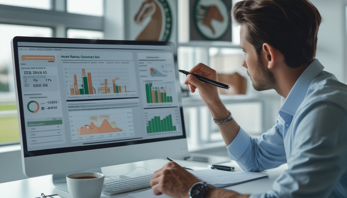 Seseorang sedang menganalisis statistik pacuan kuda di depan layar komputer dengan grafik dan data, sambil mencatat di meja kerja.