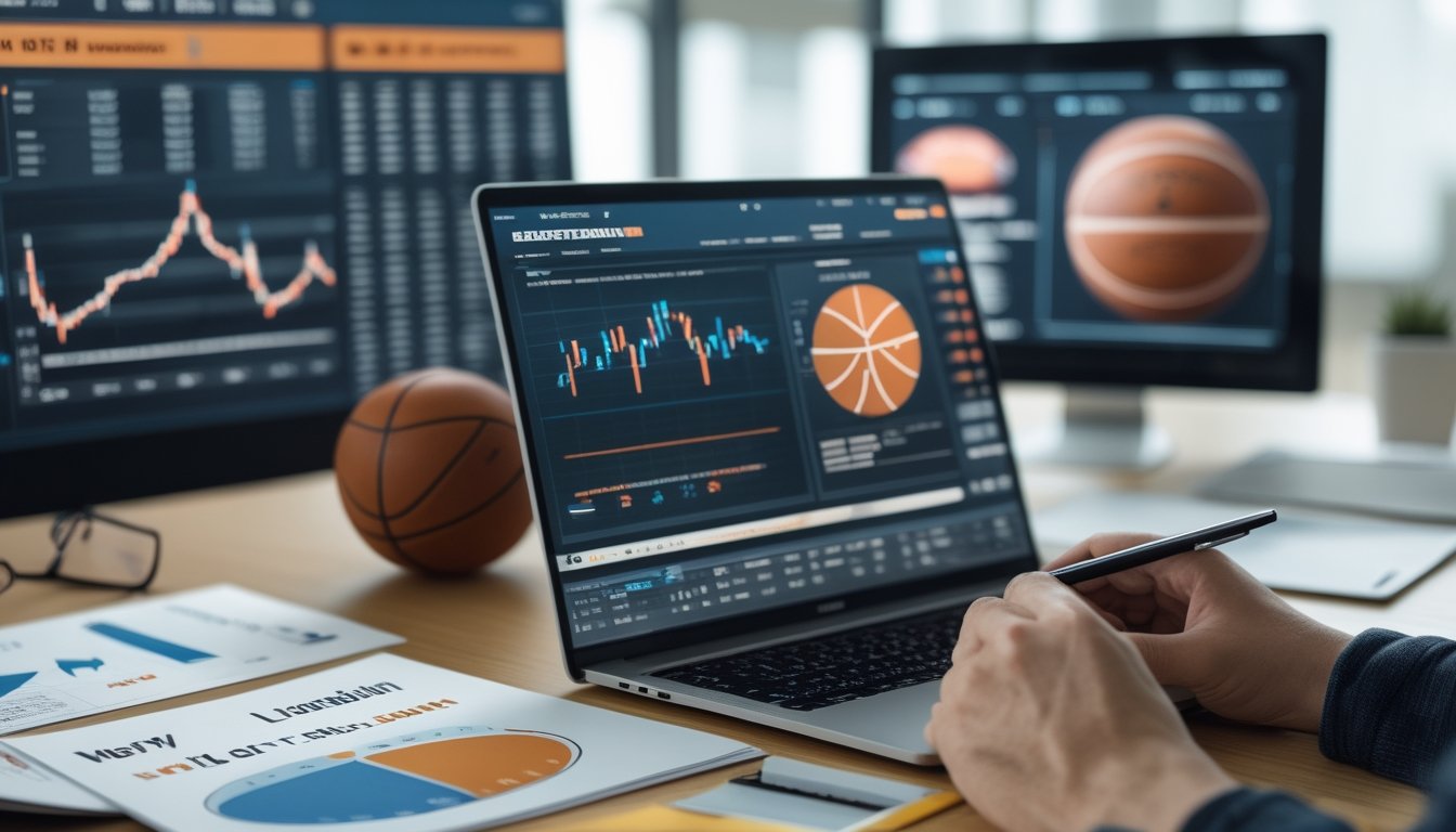 Meja kerja dengan laptop yang menampilkan statistik bola basket NBA, kertas dengan grafik, dan tangan seseorang menunjuk layar.
