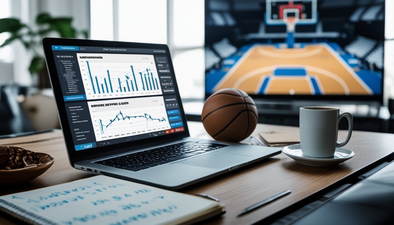 Meja kerja dengan laptop yang menampilkan statistik bola basket, buku catatan dengan sketsa strategi, bola basket, dan secangkir kopi, dengan latar belakang layar yang menampilkan lapangan bola basket.