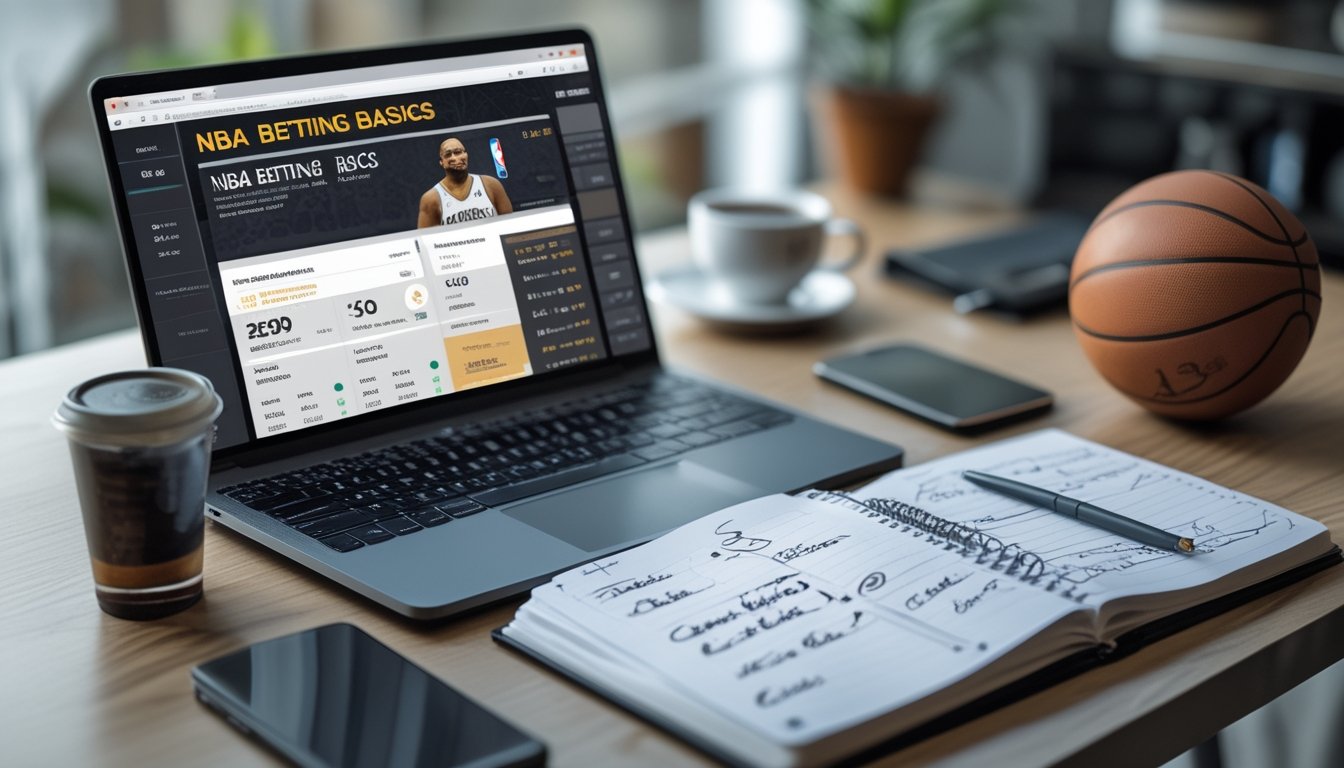 Meja kerja dengan laptop, ponsel, catatan strategi taruhan NBA, dan bola basket.
