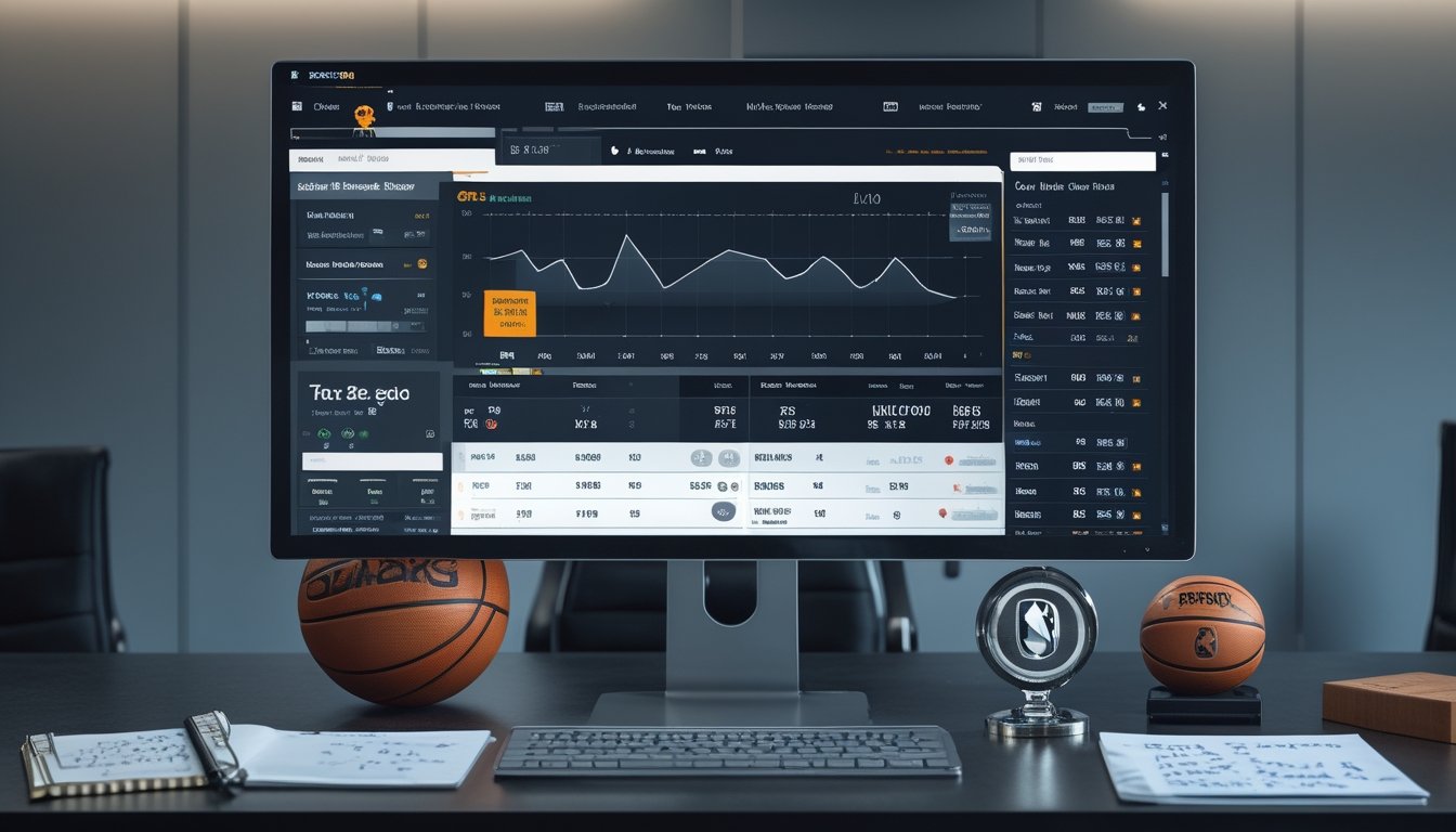 Ruang kerja modern dengan monitor menampilkan statistik bola basket dan alat analisis taruhan NBA.