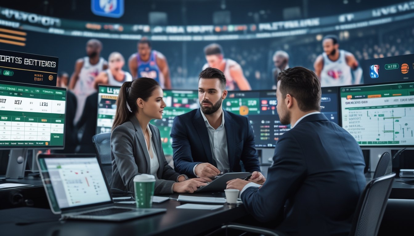 Dua orang sedang menganalisis statistik dan peluang taruhan NBA secara langsung di sebuah kantor modern dengan layar besar yang menampilkan pertandingan NBA.
