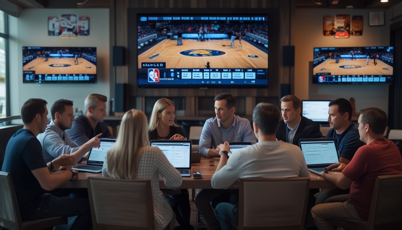 Sekelompok orang sedang menonton pertandingan NBA secara langsung dengan perangkat elektronik untuk memasang taruhan.