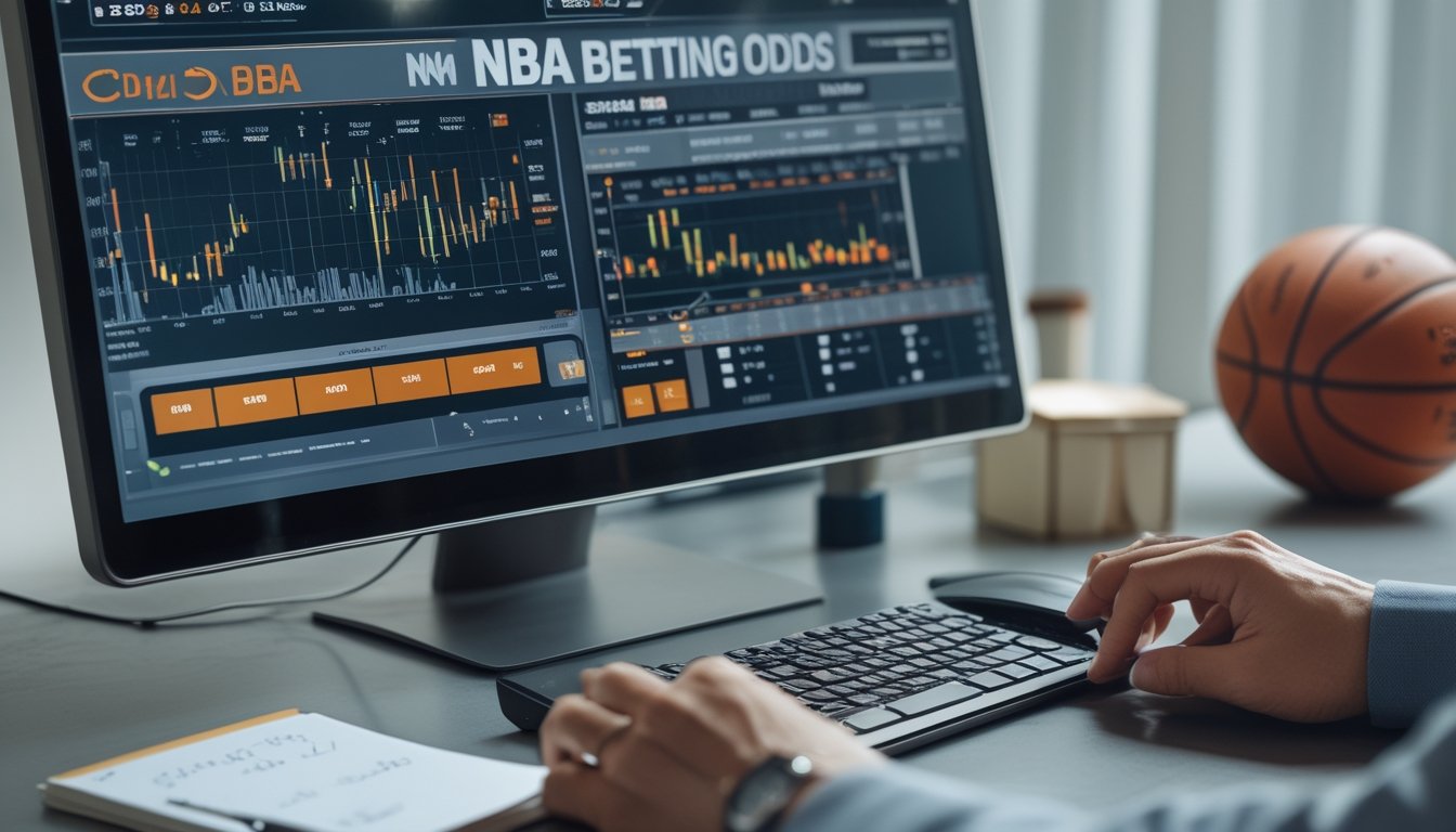 Meja kerja dengan komputer menampilkan data taruhan NBA, tangan menggunakan kalkulator dan mencatat, dengan bola basket di latar belakang.