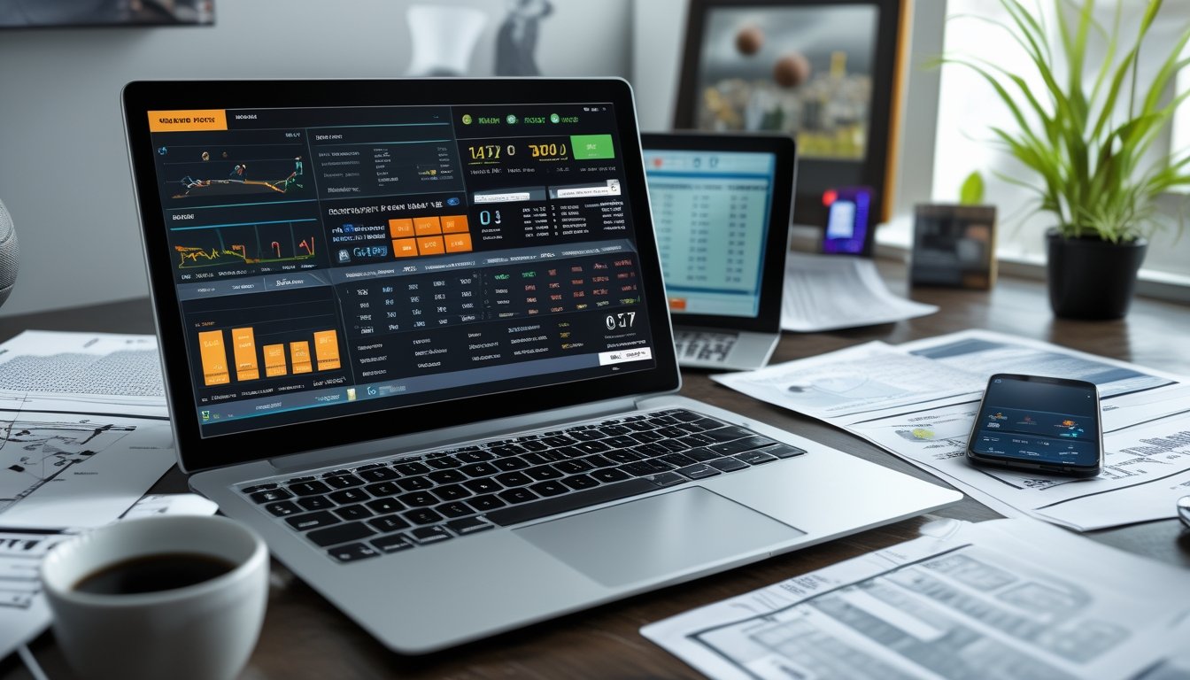 Meja kerja dengan laptop yang menampilkan statistik taruhan NBA, kertas dengan grafik, ponsel dengan aplikasi taruhan, dan cangkir kopi.