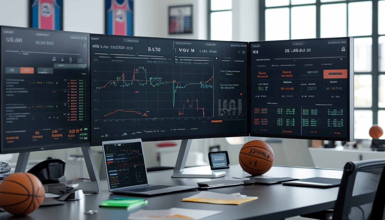 Seorang analis olahraga sedang bekerja di meja dengan monitor yang menampilkan statistik dan grafik performa tim NBA kandang dan tandang.