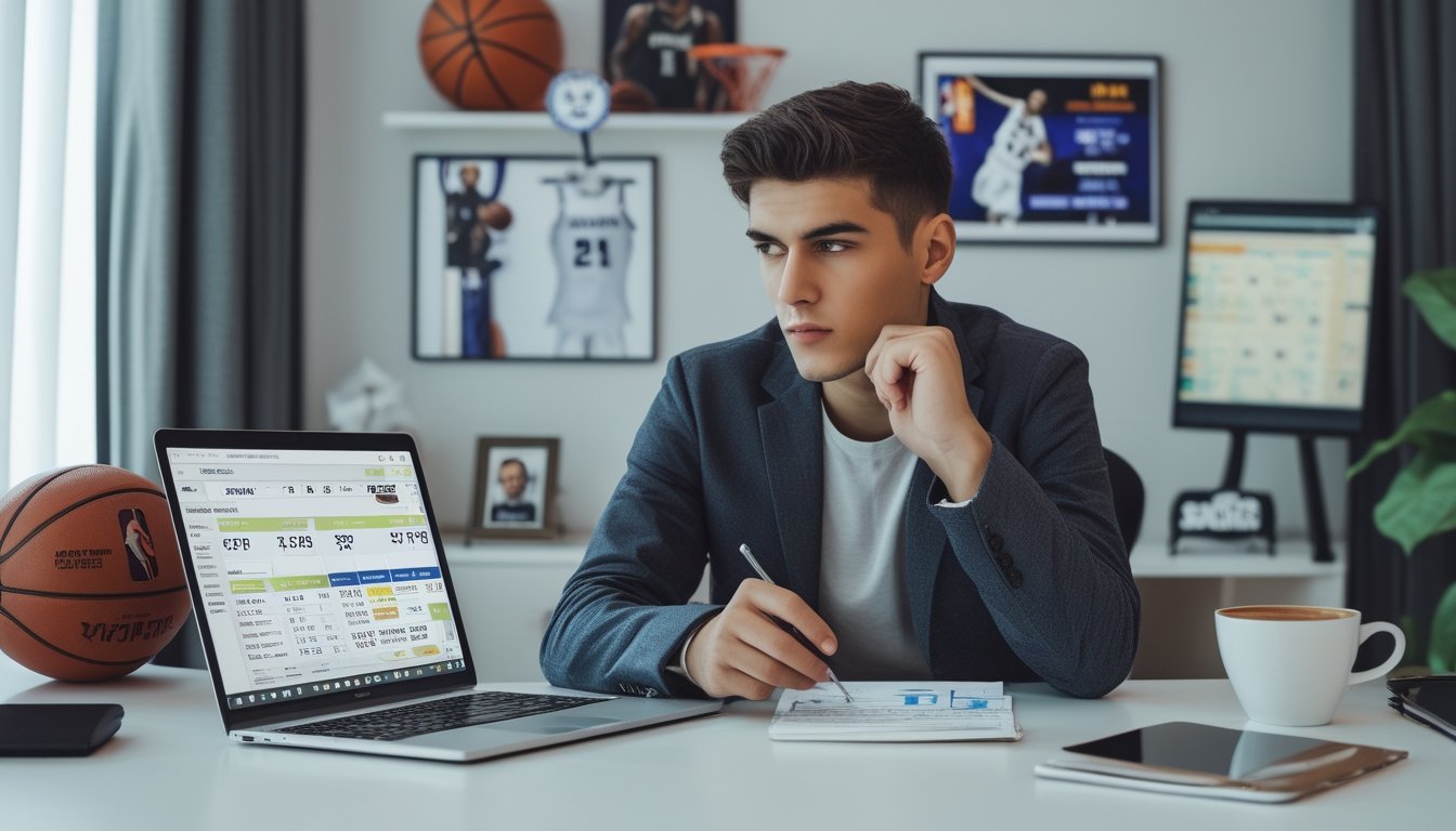 Seorang pria muda duduk di meja dengan laptop yang menampilkan statistik NBA dan aplikasi taruhan, tampak fokus dan sedang mencatat, dengan perlengkapan bola basket di latar belakang.