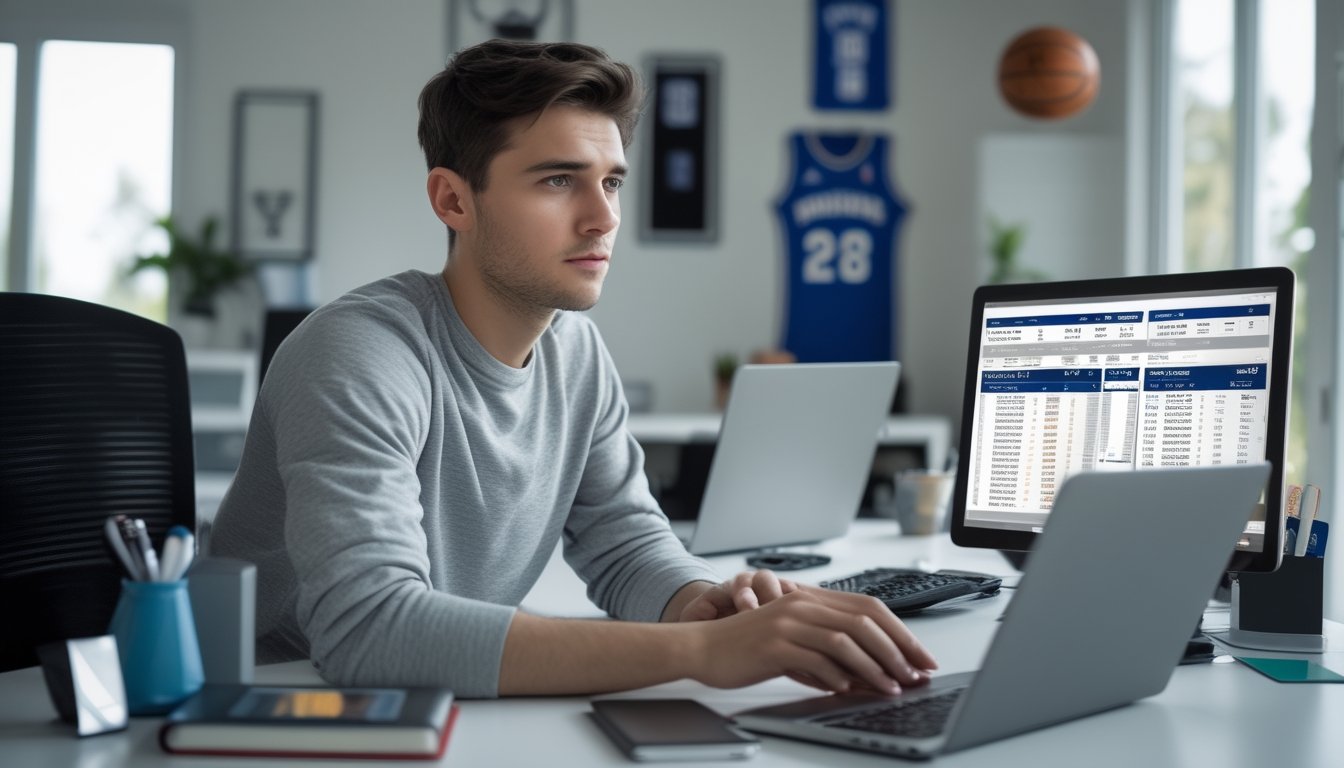Seorang pria muda duduk di meja dengan laptop dan tablet yang menampilkan statistik dan peluang taruhan NBA, tampak fokus dan berpikir dalam ruangan kantor rumah yang terang dan rapi.