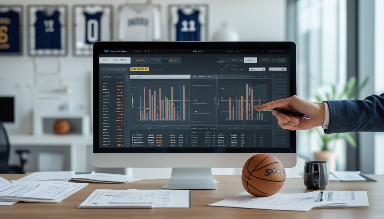 Sebuah ruang kerja modern dengan komputer menampilkan statistik dan grafik perbandingan dua tim NBA, dengan tangan menunjuk data di layar dan bola basket di atas meja.