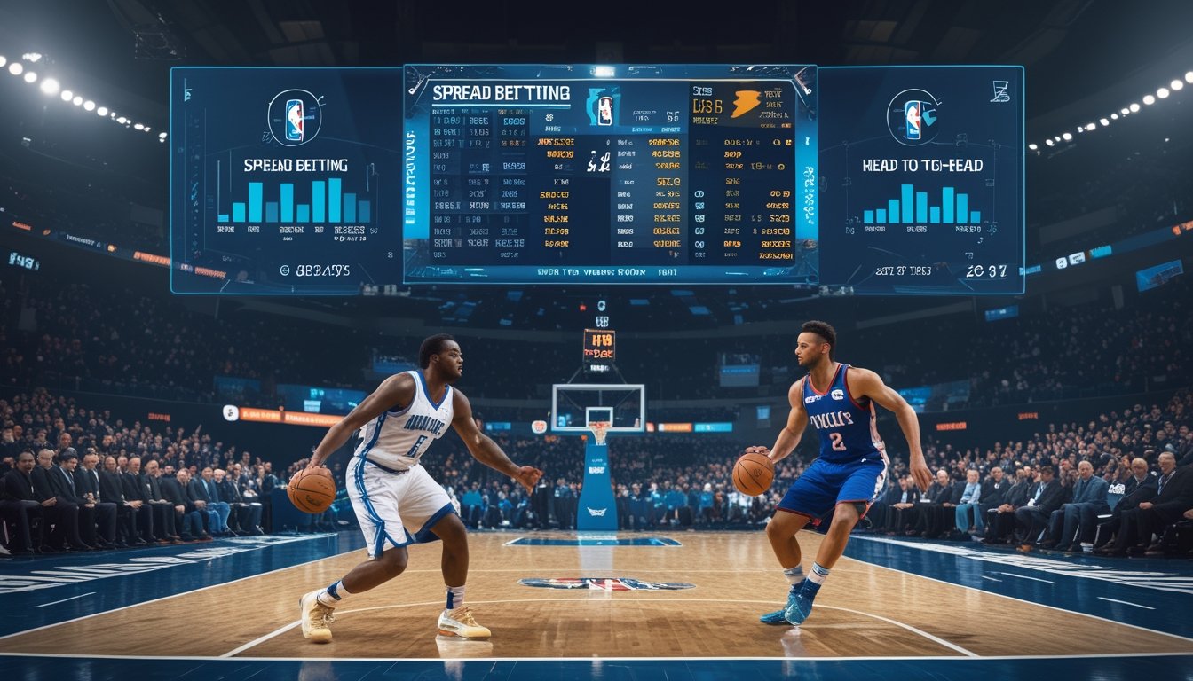 Dua pemain basket NBA sedang bertanding di lapangan dengan papan skor digital dan grafik analisis di latar belakang.