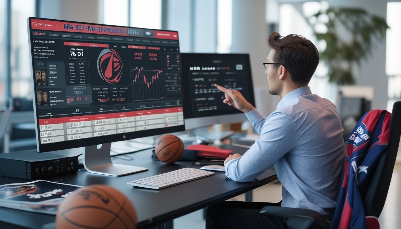 Seorang pria sedang menganalisis statistik pemain NBA di depan komputer di sebuah ruang kerja yang terang dan rapi dengan perlengkapan bola basket di sekitarnya.