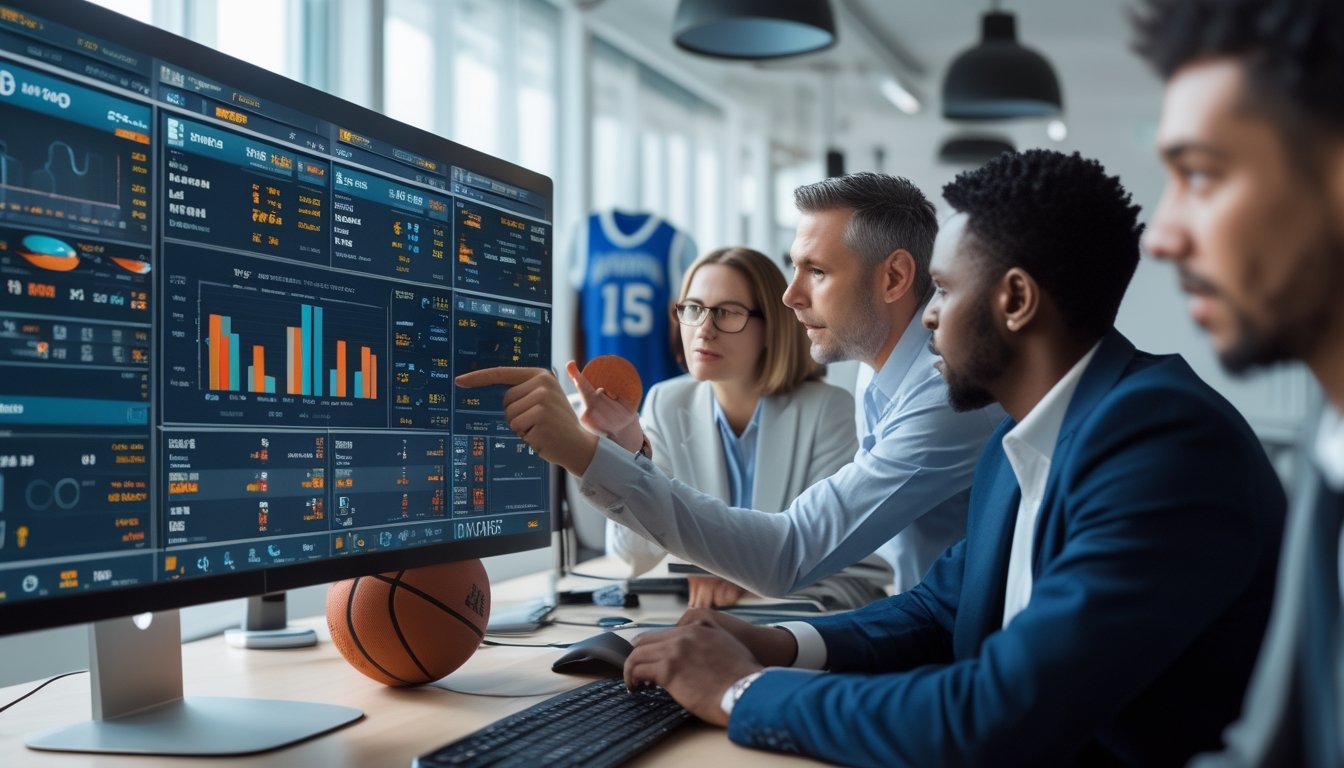 Sekelompok profesional sedang menganalisis statistik pemain NBA di layar komputer dalam ruang kantor modern.