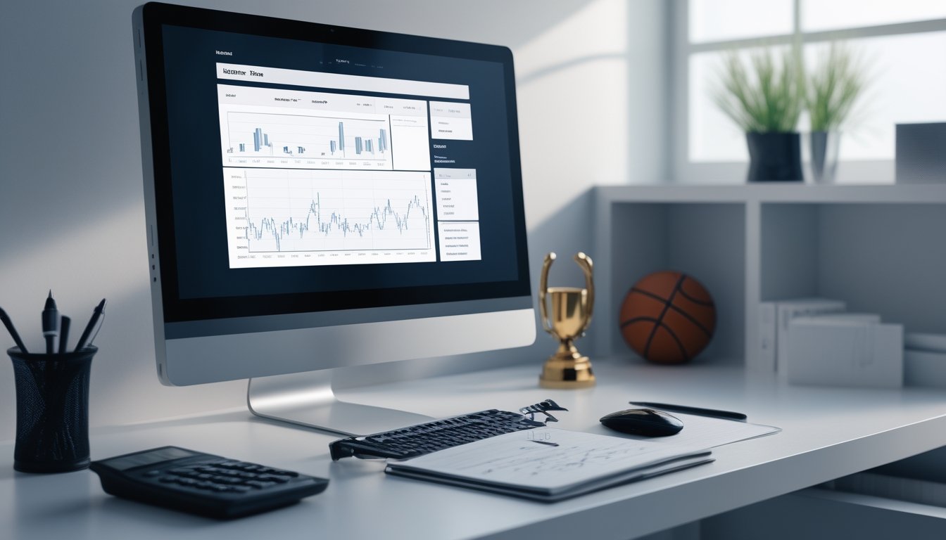 Meja kerja dengan komputer menampilkan grafik keuangan dan statistik NBA, buku catatan, kalkulator, kopi, bola basket, dan piala kecil di latar belakang.