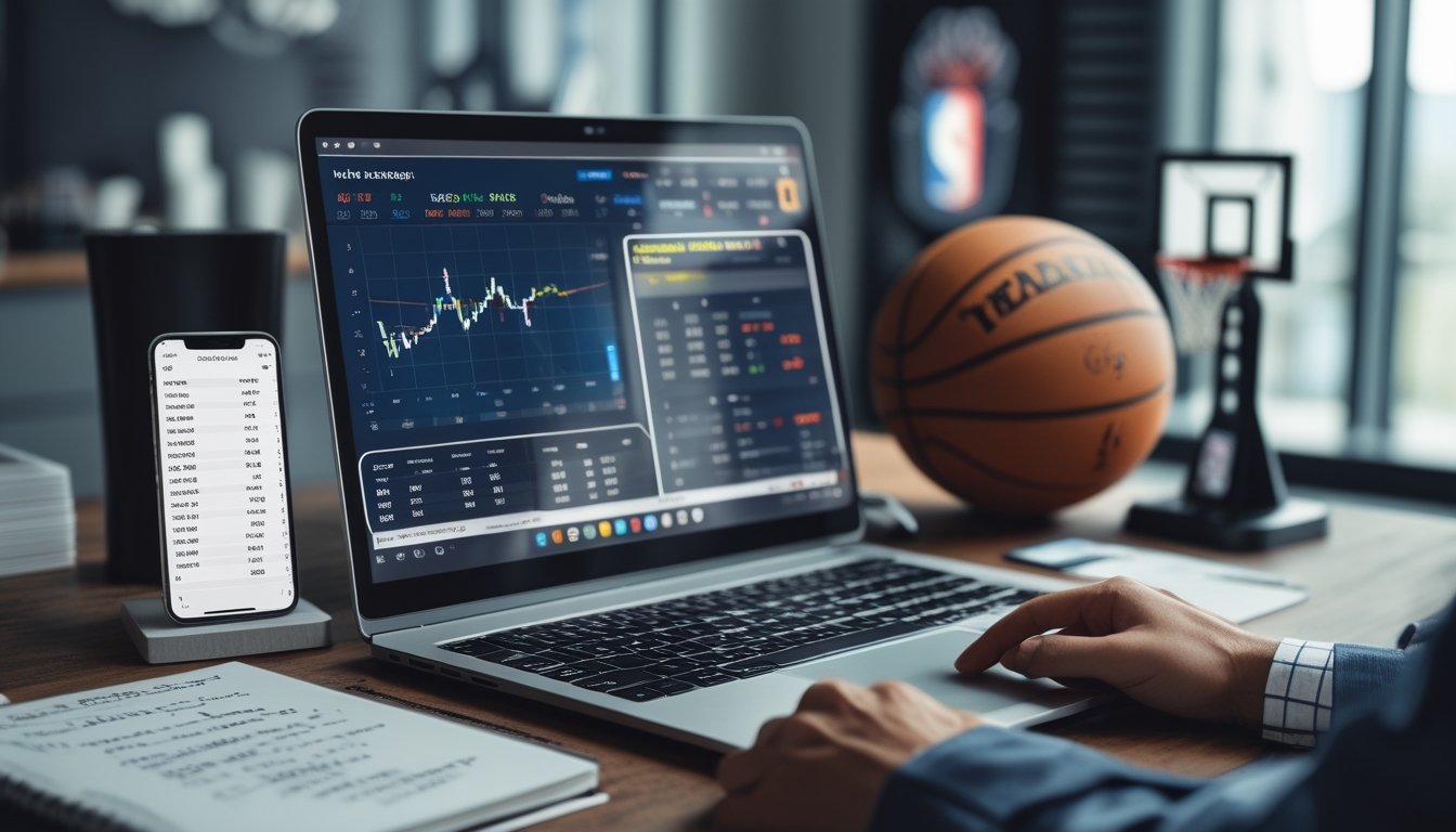Meja kerja dengan laptop menampilkan statistik taruhan NBA, ponsel dengan skor langsung NBA, dan buku catatan dengan perhitungan keuangan, dikelilingi oleh bola basket dan memorabilia NBA.