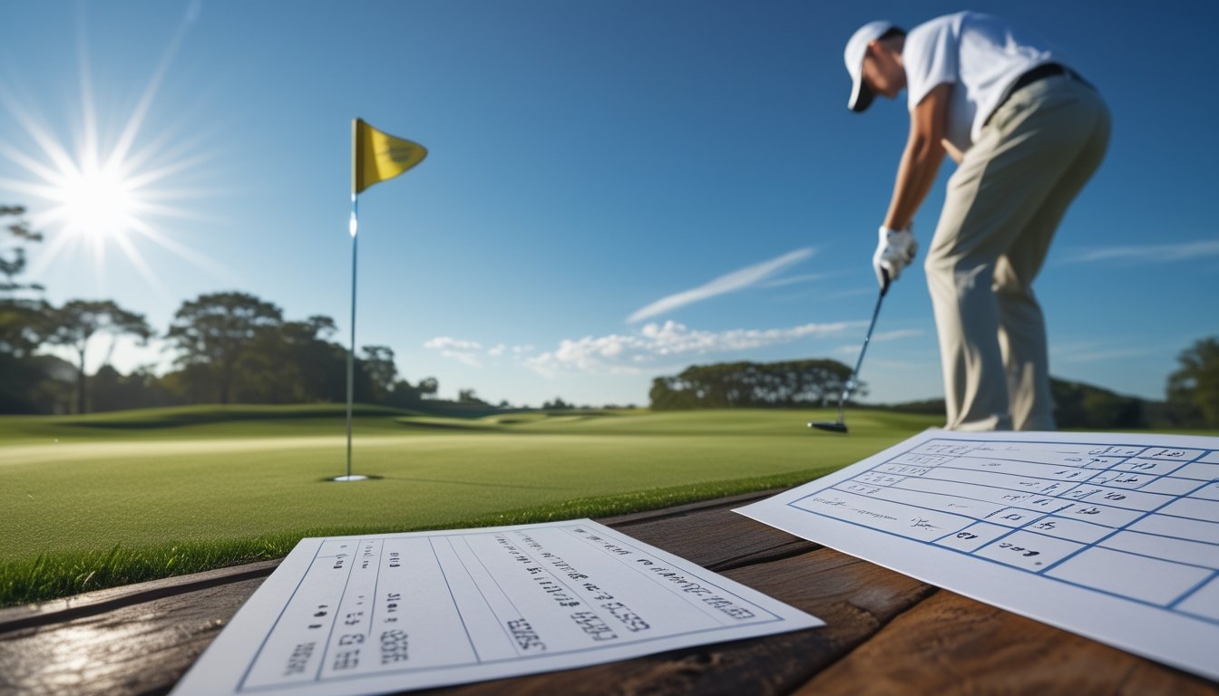 Seorang pegolf sedang mengayunkan tongkat golf di lapangan golf yang hijau dengan kartu skor dan catatan taruhan golf di atas meja kayu di dekatnya.