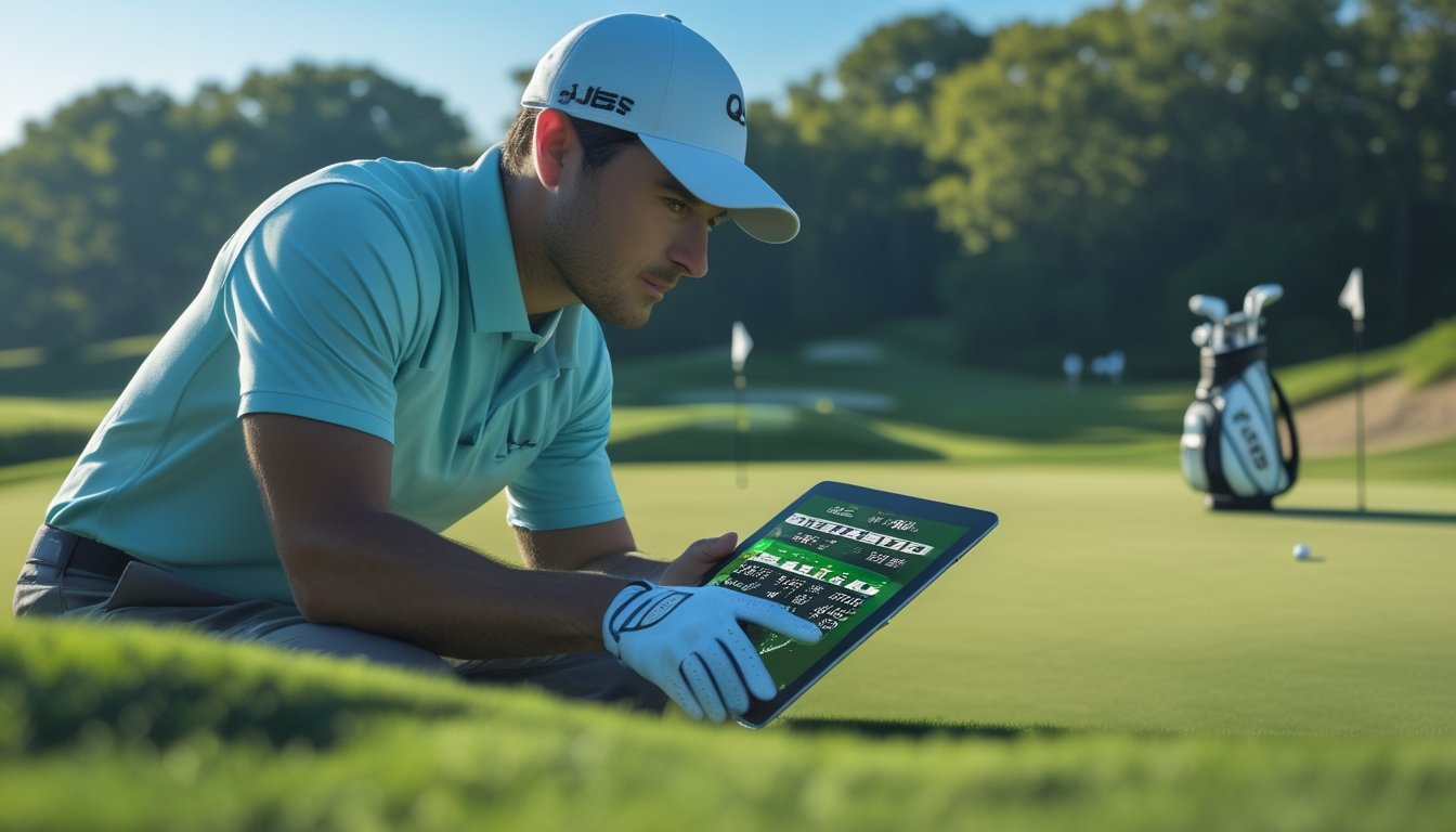 Seorang pegolf sedang menganalisis lapangan golf dengan tablet digital di lapangan golf yang hijau dan cerah.