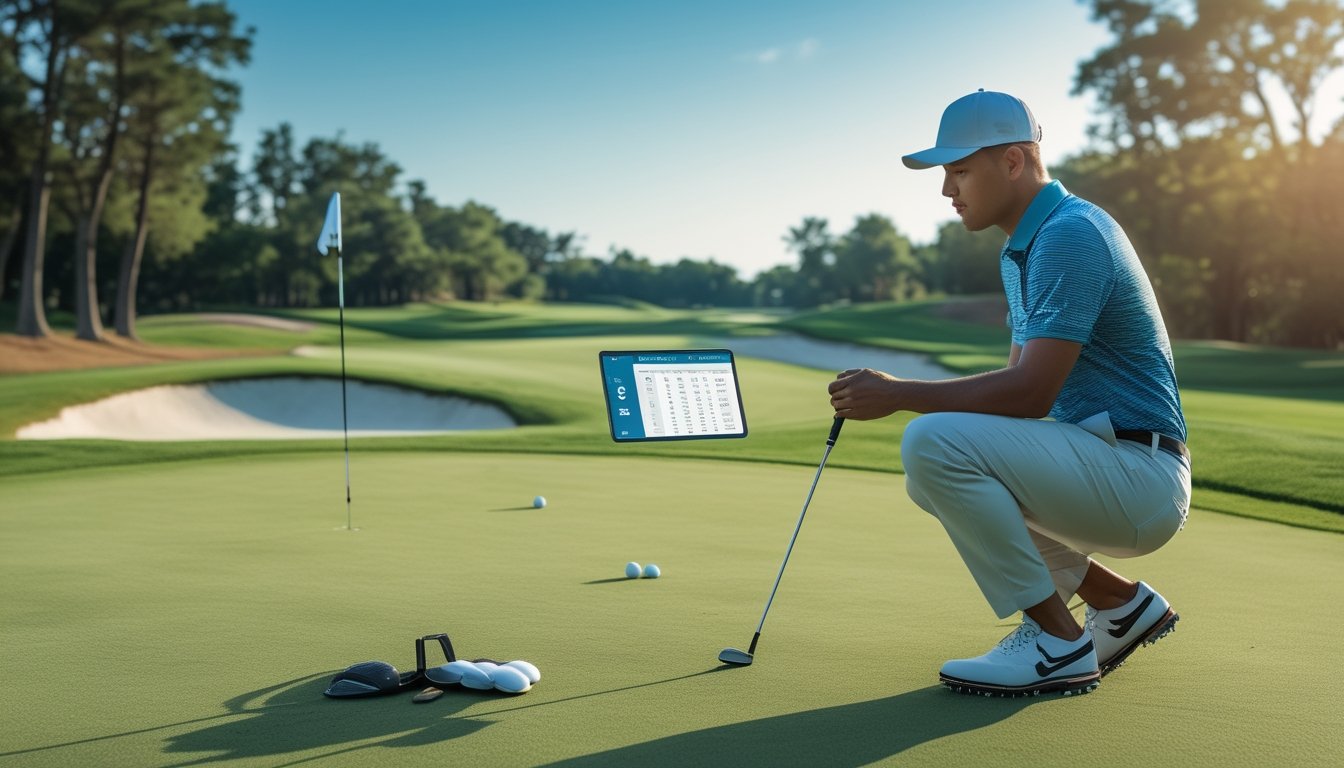Seorang pegolf sedang menganalisis lapangan golf sambil memegang klub golf dan kartu skor di lapangan hijau yang terawat.