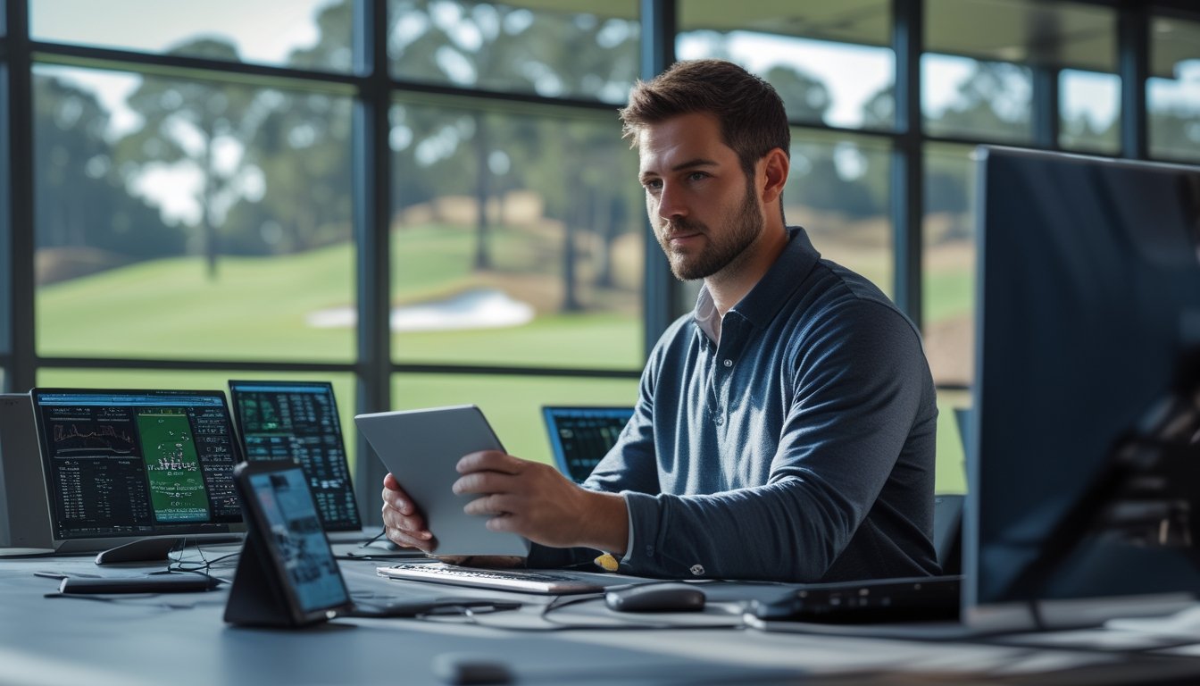 Seorang analis golf sedang memeriksa data statistik pemain golf di kantor dengan layar komputer dan pemandangan lapangan golf di latar belakang.